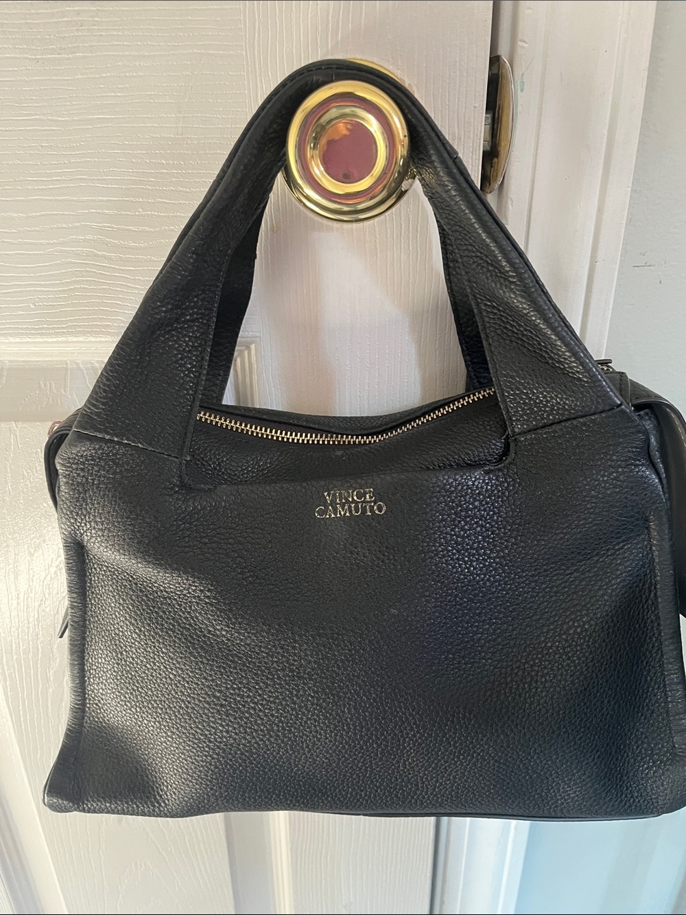 Vince Camuto Black Pebbled Leather Shoulder Bag with Gold Hardware